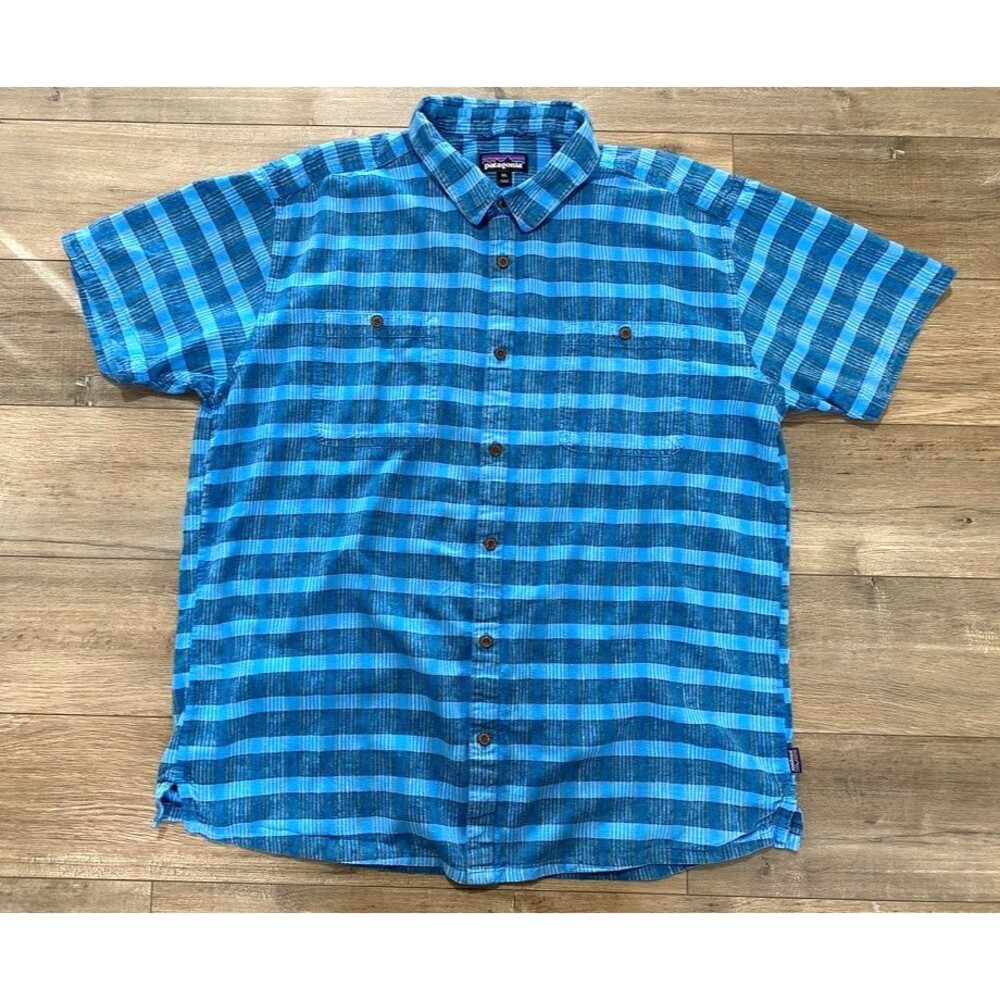 Patagonia Back Step Mens XXL Blue Textured Fishing Hawaiian Camp Hemp Blend